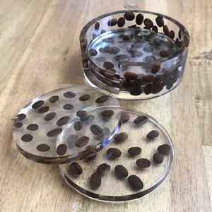 Set of Four Handmade Resin Coasters with Coffee Bean Interior Plus Container